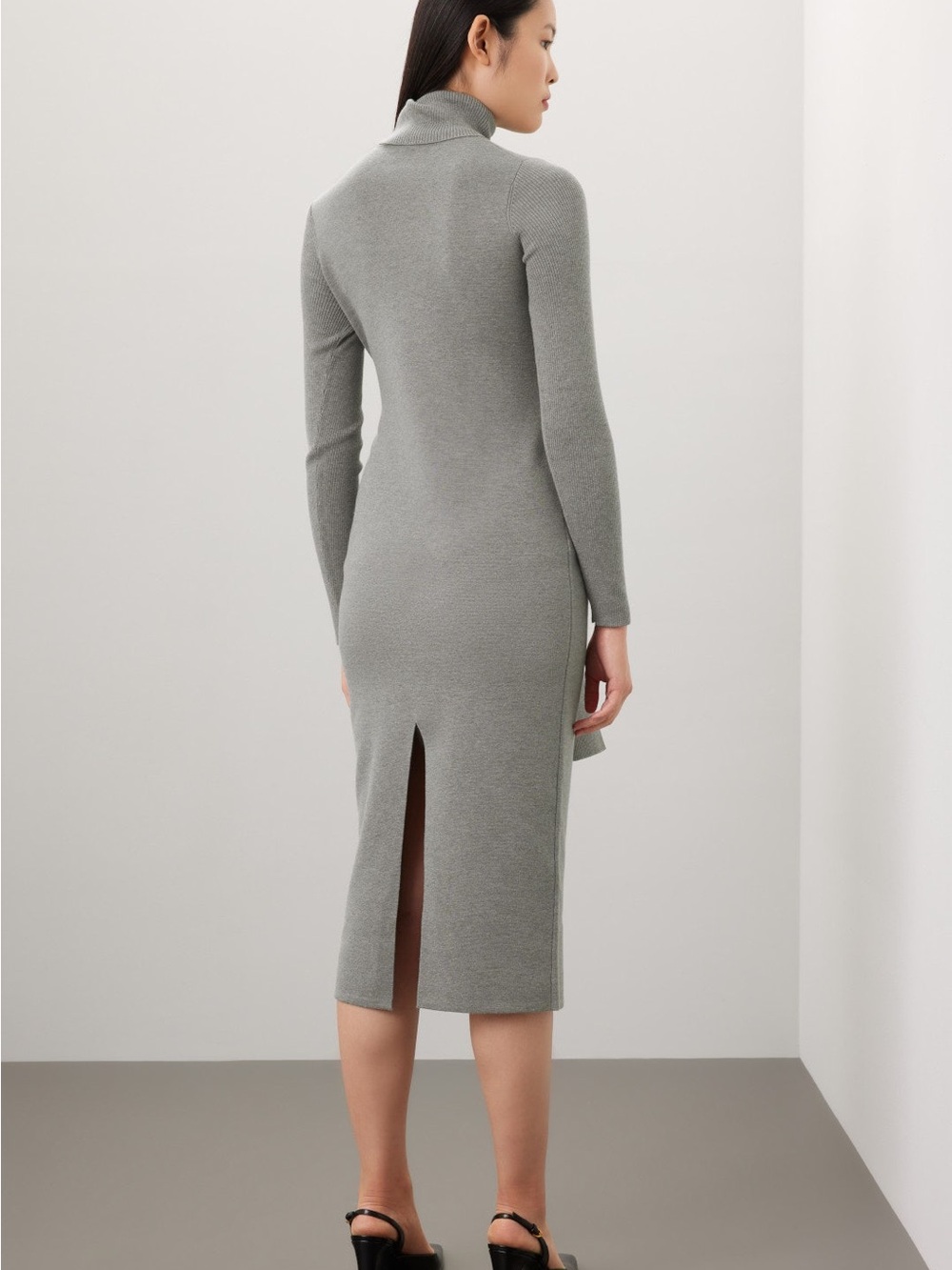 Turtleneck Tie-Waist Knit Midi Dress - Gray - Picture 3 of 9